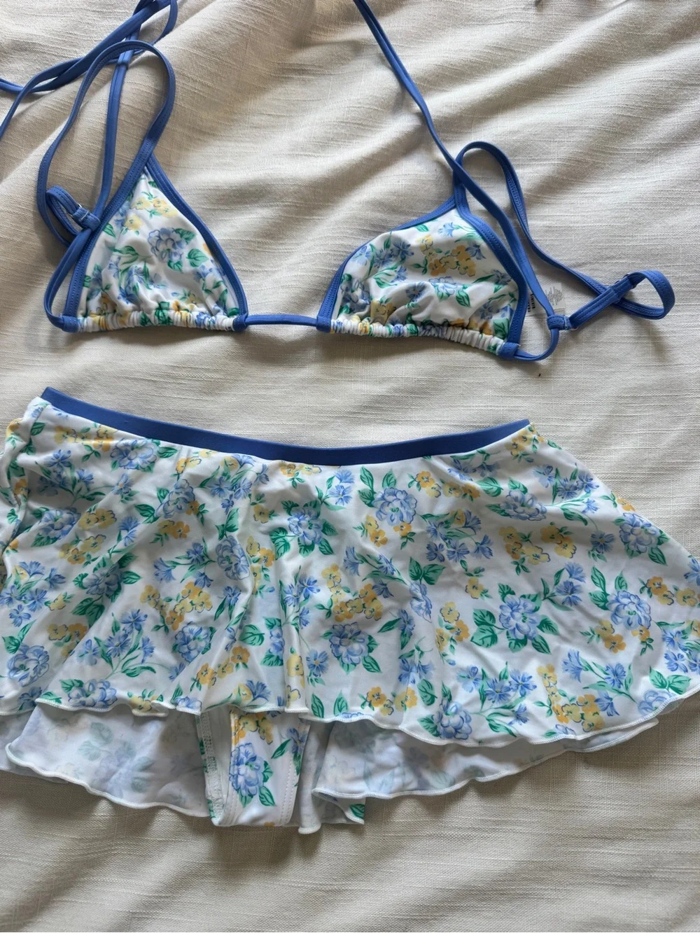 Frankie's Bikinis Blue Trim Floral Triangle Bikini Set with Skirt